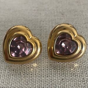 Vintage Avon Heart Earrings Gold Tone with Pink Crystal